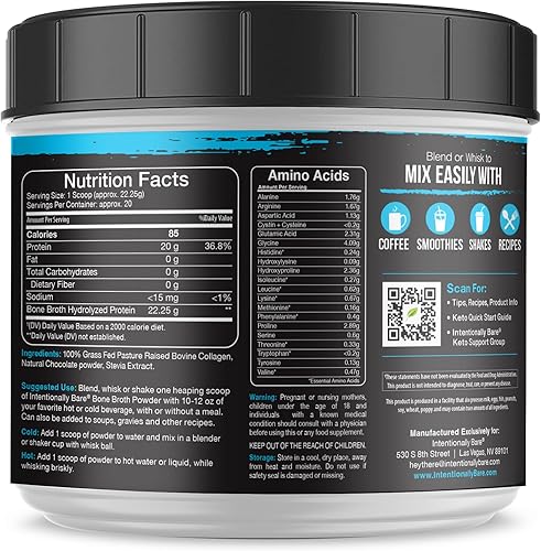 Miniatura 5 de Intentionally Bare Proteína en polvo de chocolate con caldo de hueso, 0.71 onzas de colágeno en polvo para piel, cabello, articulaciones e