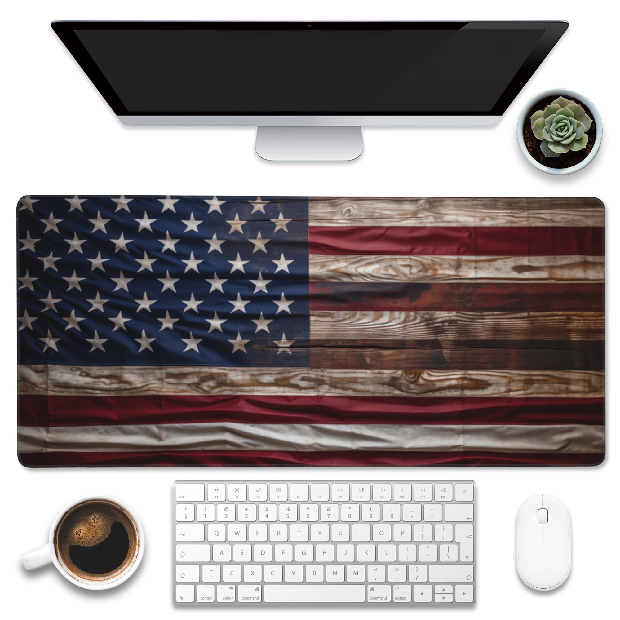 Eflxamz Large Gaming Mouse Pad for Desk,Wooden American Flag Desk Mat,Wooden USA Flag Desk Pad,Extended Big Computer Keyboard Mouse Pad with Non-Slip