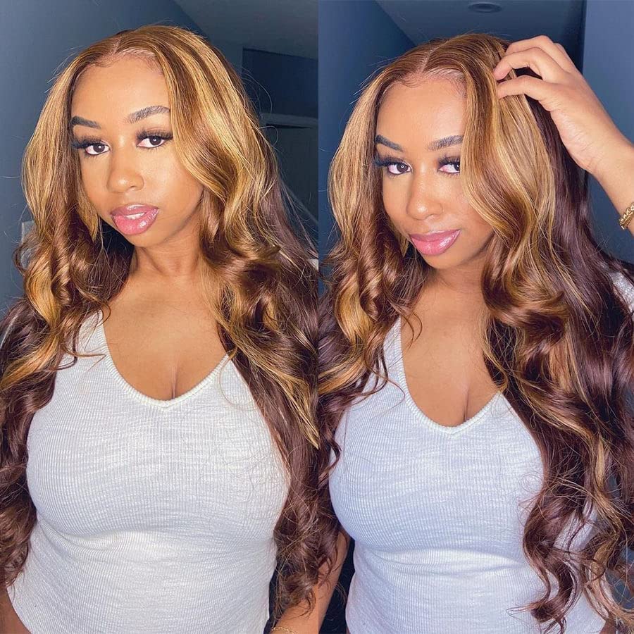 Honey Blonde Ombre Lace Front Wig Human Hair Pre Plucked 13x4 HD Transparent 4/27 Highlight Lace Frontal Wigs with Baby Hair 180 Density Colored Body Wave Lace Front Wigs for Women (22 Inch)