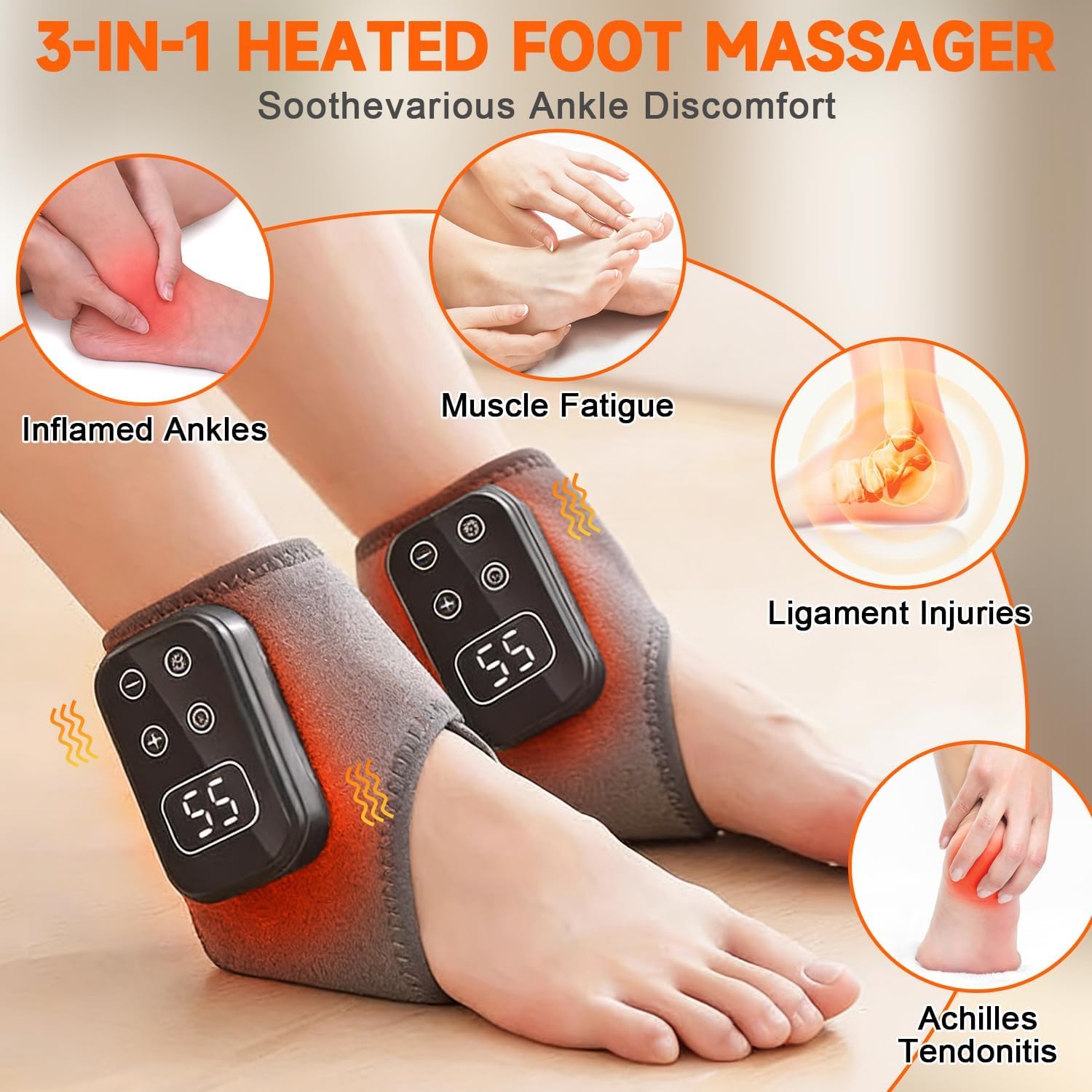 Fußmassagegerät, 2 Stück 3-In-1 Elektrische Fußmassageräte mit 5 Modi und 5 Wärmestufen, Kabelloses Foot Massager für Knöchel, Ferse, Sohle, Fußgewölbe, Ideal Geschenk für Eltern