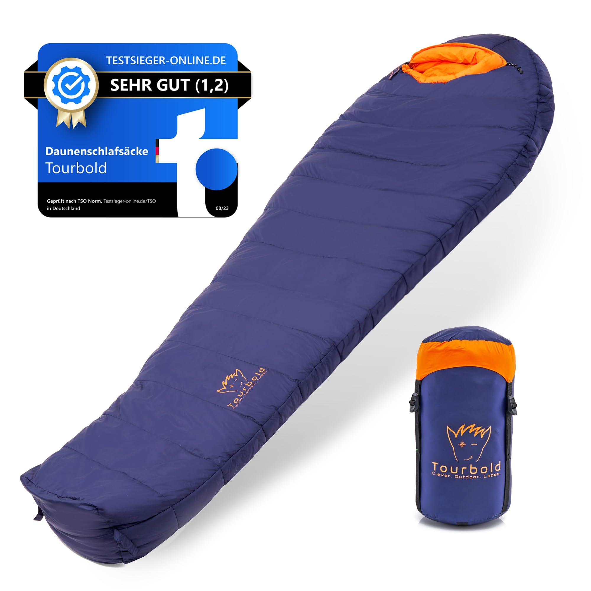 TOURBOLD® Daunenschlafsack Outdoor | 3 Jahreszeiten | Ultraleicht (1250 g) | Kleines Packmaß | Extra Langer Reißverschluss | Komfort-Schnitt | Mumienschlafsack | Camping Trekking Bergsteigen