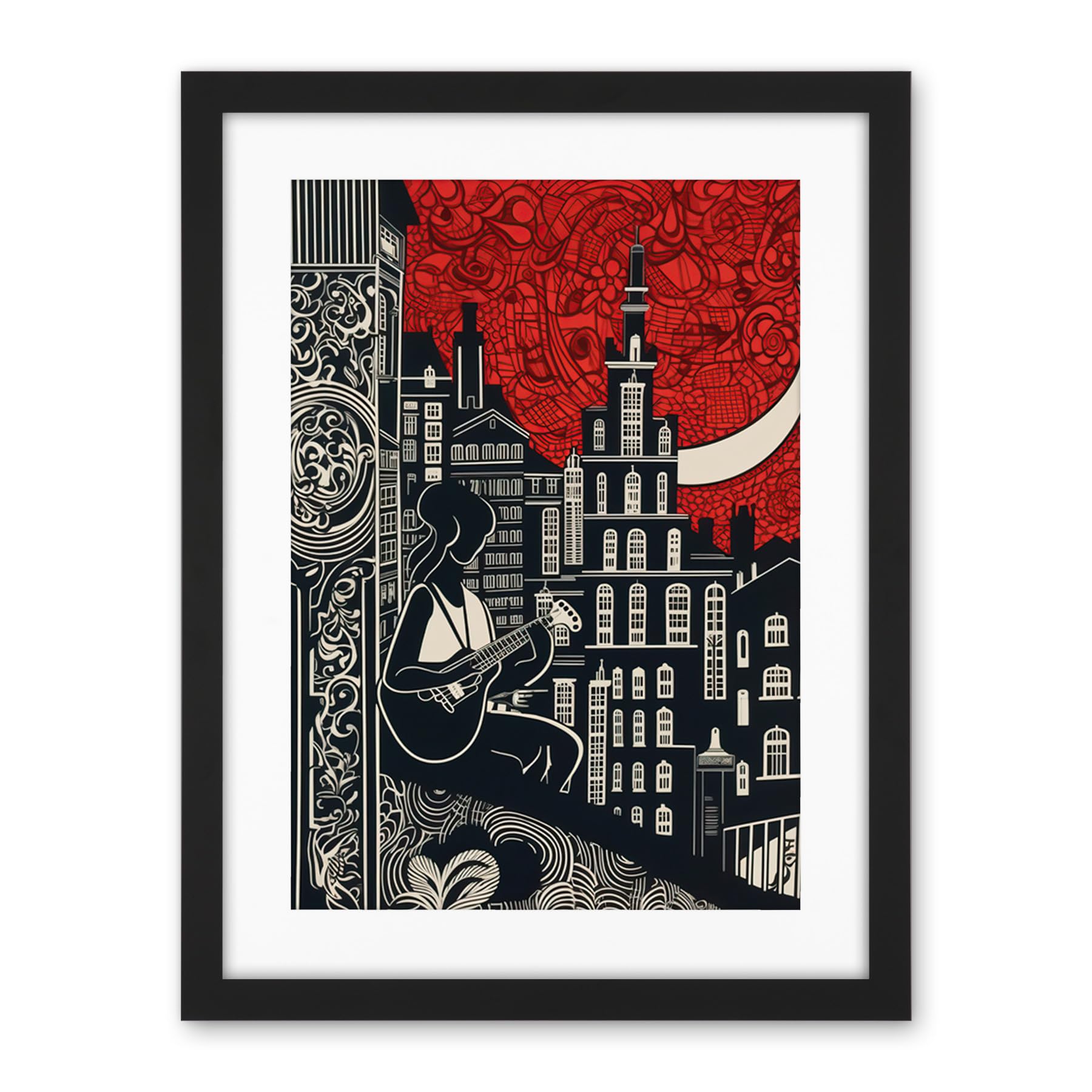 Artery8 Street Musician Guitarist in Edinburgh Cityscape Artwork Framed Wall Art Print 18X24 Inch