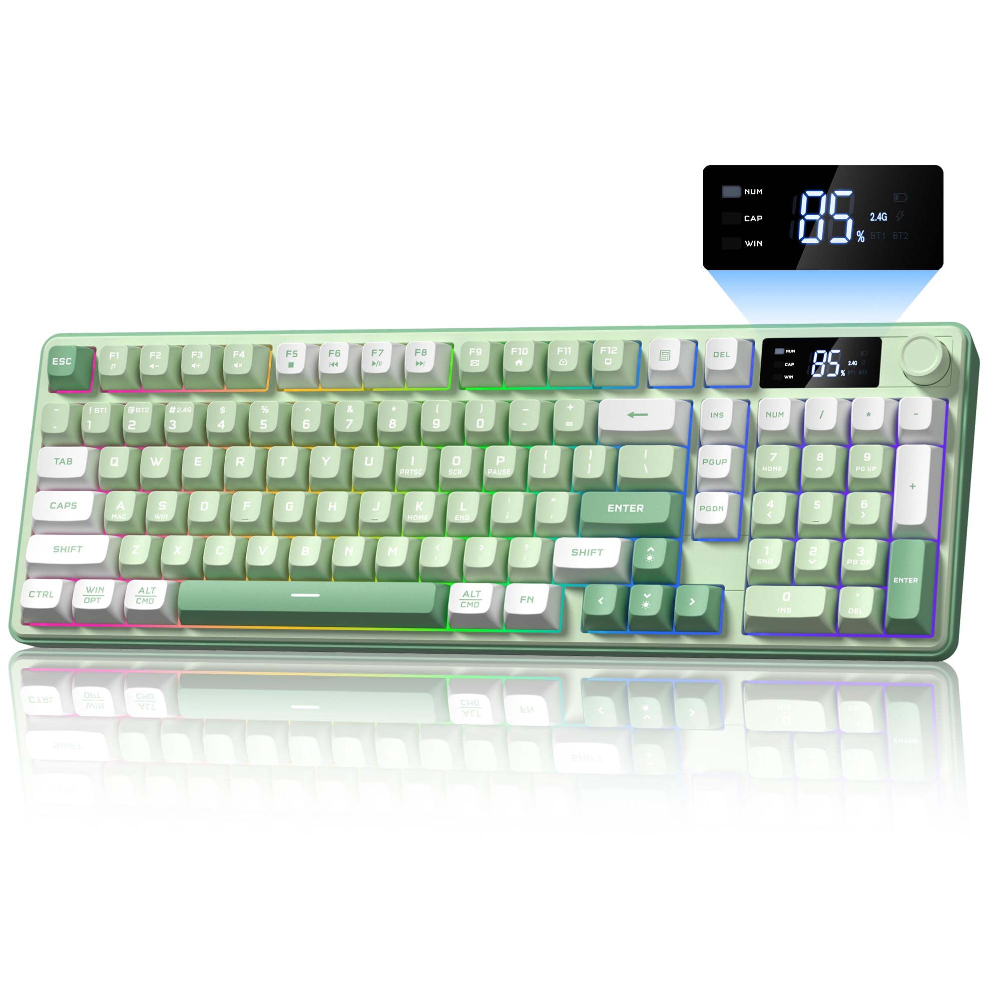 Keymatic Gaming Keyboard Wireless Creamy Keyboard with Media Knob & Screen Cute Keyboard Mechanical Feeling Membrane Keyboard with Number Pad RGB Backlit Tri-Mode BT/2.4GHz/USB-C - Green