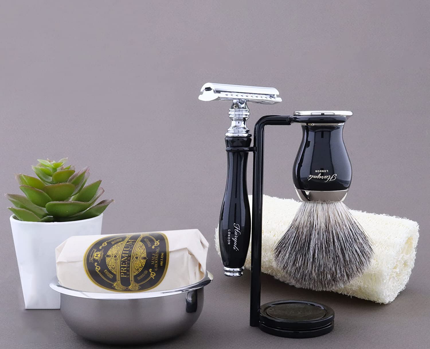 Set de afeitado clásico de 5 piezas con brocha de pelo de tejón, maquinilla de afeitar, soporte para maquinilla de afeitar, bol de acero inoxidable y jabón