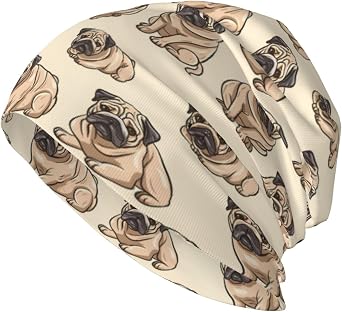 Funny Pug Dogs Cute Beanie Chemo Cancer Headwear Hats for Women Men Slouchy Beanies Skull Cap Turban Black