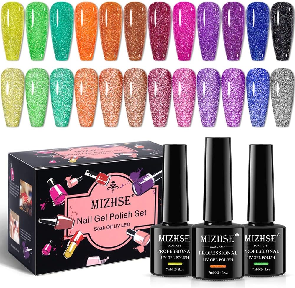 MIZHSE Neon Reflective Glitter Gel Polish 7ml, Sparkly Disco Diamond Nail Polish Kit 12 Pcs, Reflect Blue Pink Soak Off UV LED Manicure Set Nail Art Salon