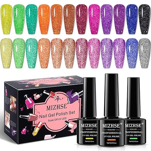 MIZHSE Esmalte de gel con purpurina reflectante neón de 0.27 onzas líquidas, kit de esmalte de uñas de diamante disco brillante, 12 piezas, azul y