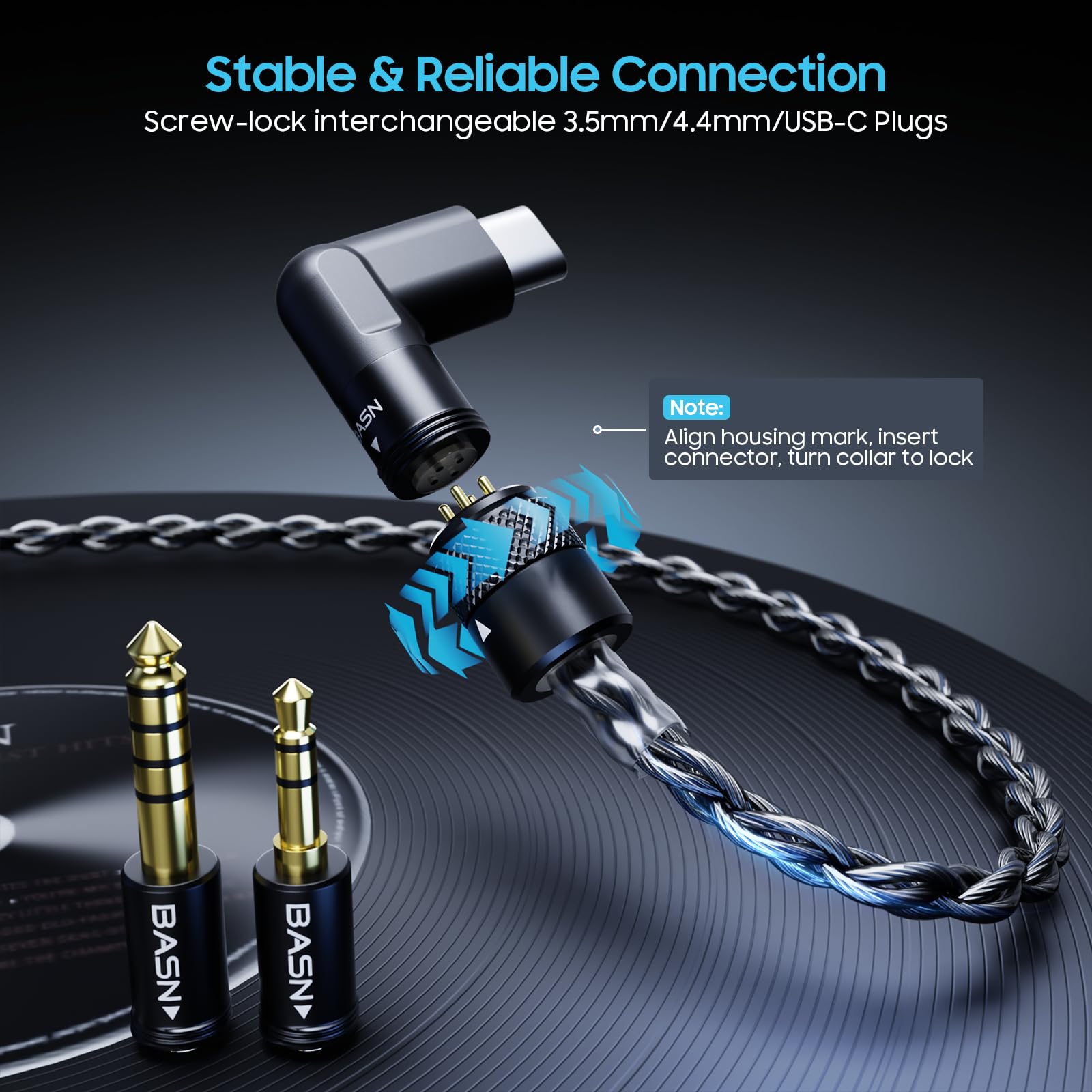 BASN Cavo per cuffie USB C DC100, cavo Litz OFC placcato argento di tipo C, cavo MMCX IEM con connettori bilanciati da 3,5/4,4 mm per auricolari musicisti (nero, tipo C/3,5/4,4 mm)