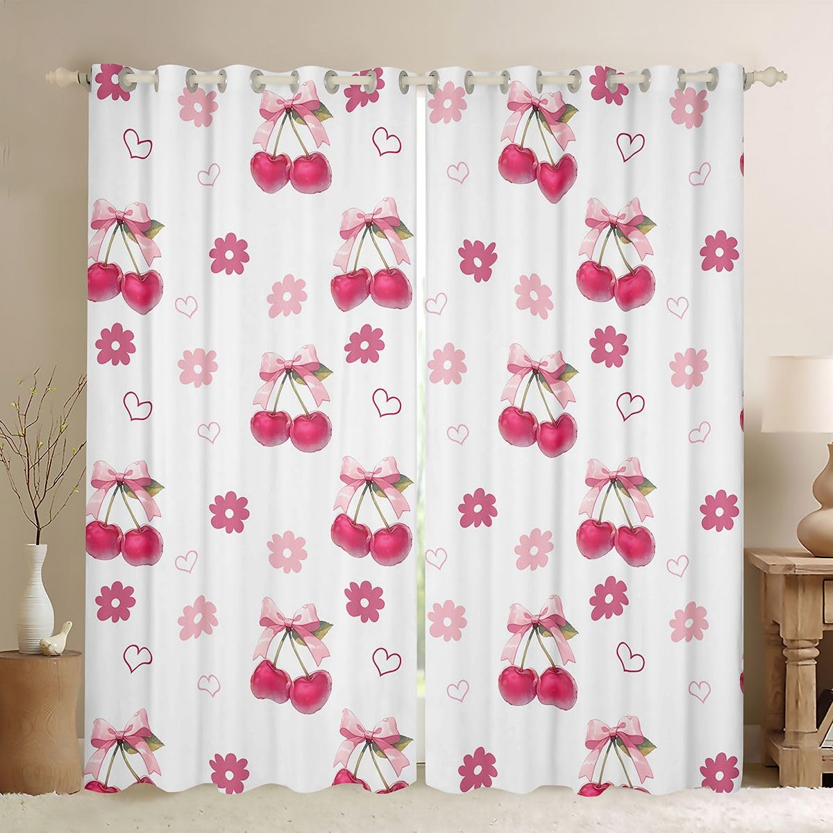 Homewish Dziewczęca kokardka księżniczka wiśniowo-różowe zasłony okienne 132 x 160 cm 2 zestawy paneli - miłosne serca zasłony zaciemniające urocza wstążka kokarda marzycielskie dekoracje okienne