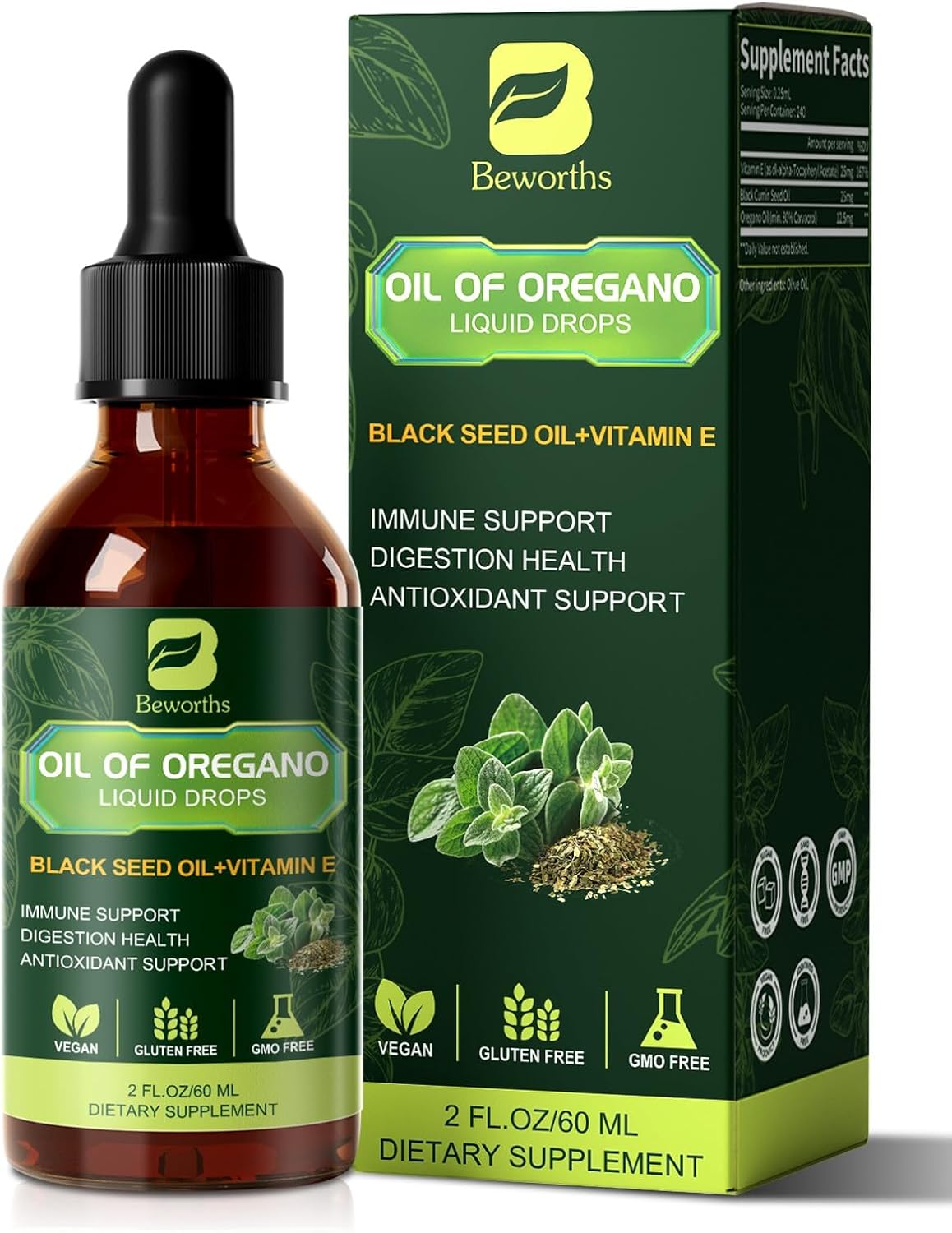 B BEWOTHS Organic Oregano Oil Drops | Oil of Oregano with Black Seed Oil, Vitamin E, 80% Carvacrol Oregano Drops for Immune, Antioxidant, Gut Detox Cleanser Support - Non-GMO, Vegan (240-day Supply)