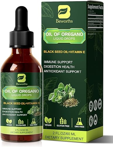 Gotas de Aceite de Orégano Orgánico | Aceite de Orégano con Aceite de Semilla Negra, Vitamina E, Gotas de Orégano 80% Carvacrol para Inmunidad,
