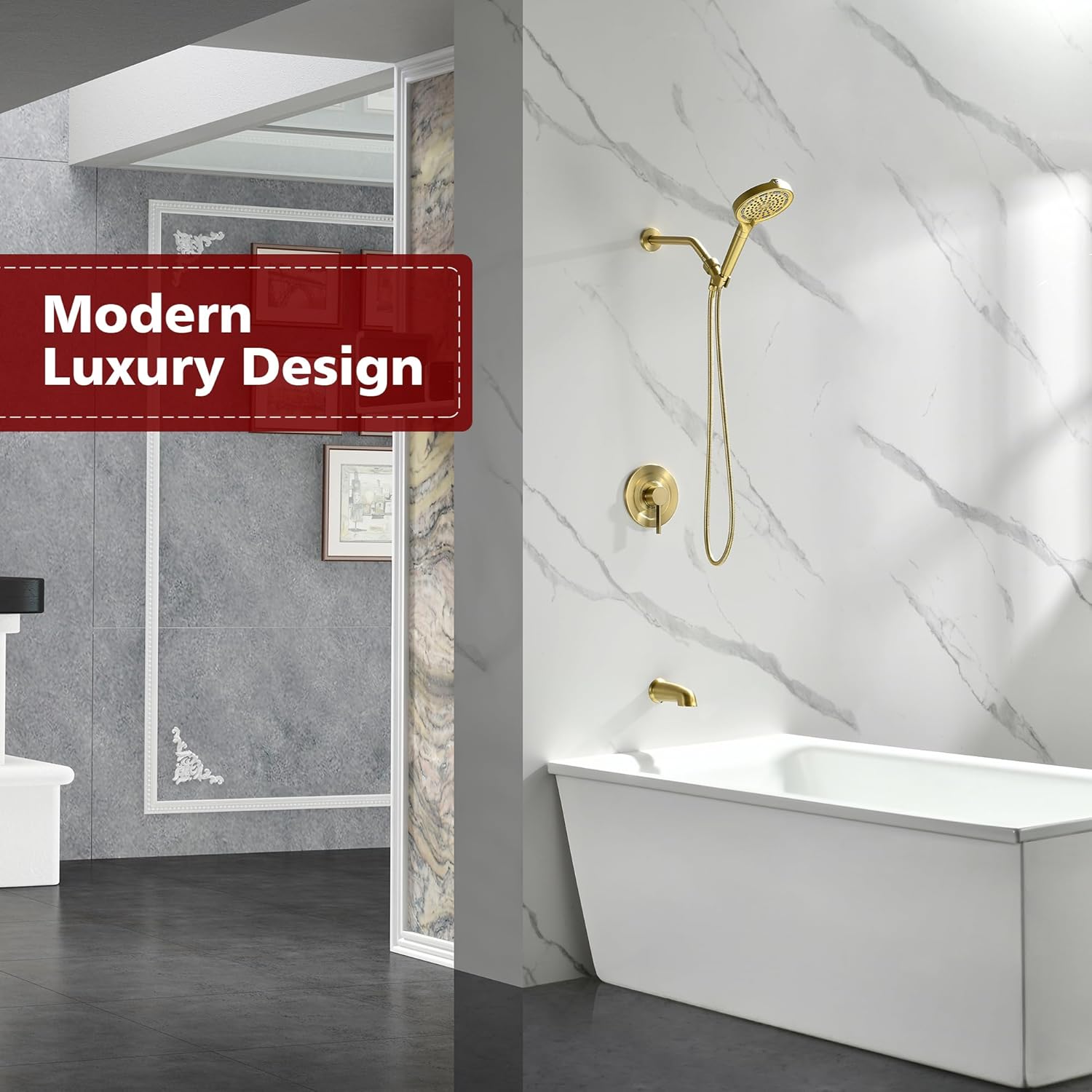 SUMERAIN Brushed Gold Shower System with 6-Spray Handheld Filtered Shower Head, Shower Faucet Set with High Flow Tub Spout