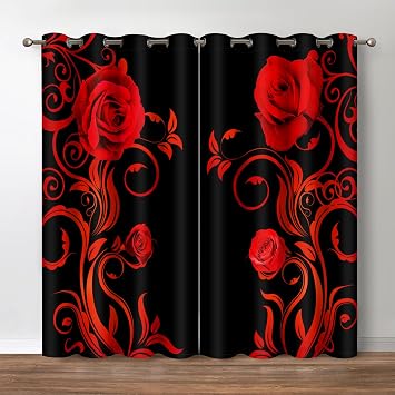 Roses Flowers Blackout Curtains for Bedroom, 2 Panels Set 52x84 Inch | Black Out Curtains for Living Room Office, Thermal Insulated Window Drapes, Red Roses Flowers Print Home Decor