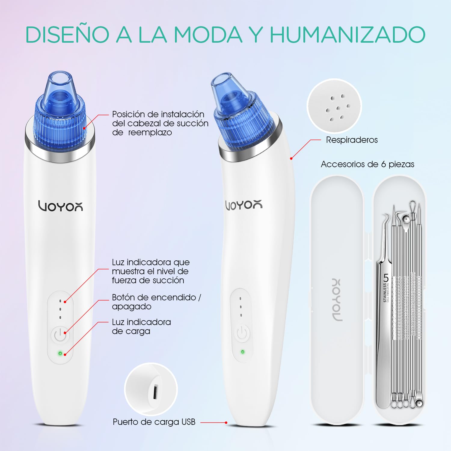 VOYOR Aspirador de Puntos Negros 6 Cabezas de Succión Recargable Herramienta para Limpiar Poros Eliminar Espinillas Comedones y Barros BR410