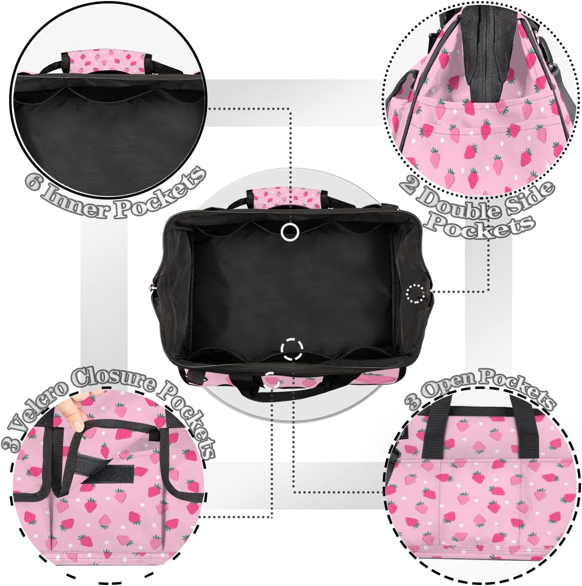 Strawberry Pink Patterns Tool Bag for Men Women Heavy Duty Multi-Pockets Wide Mouth Tool Tote Waterproof Tool Bag Organizer with Adjustable Shoulder Strap
