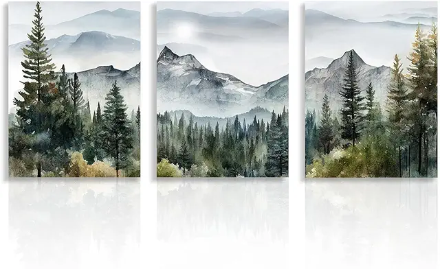 Dazzlewall 3-Piece Mountain Forest Wall Art - Modern Watercolor Landscape Painting
