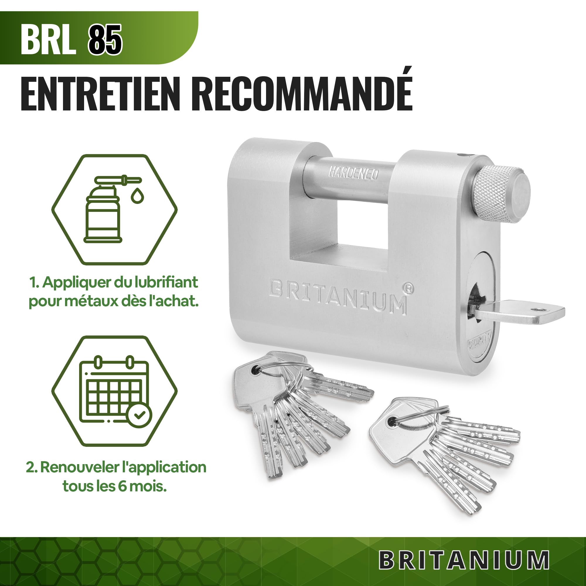 BRL85 Cadenas Container Antivol avec 10 Clés - Anse 14 mm Anti-Cisaille, Acier Allié Nickelé | Serrure de Sécurité pour Portail, Garage, Remorque Attelée
