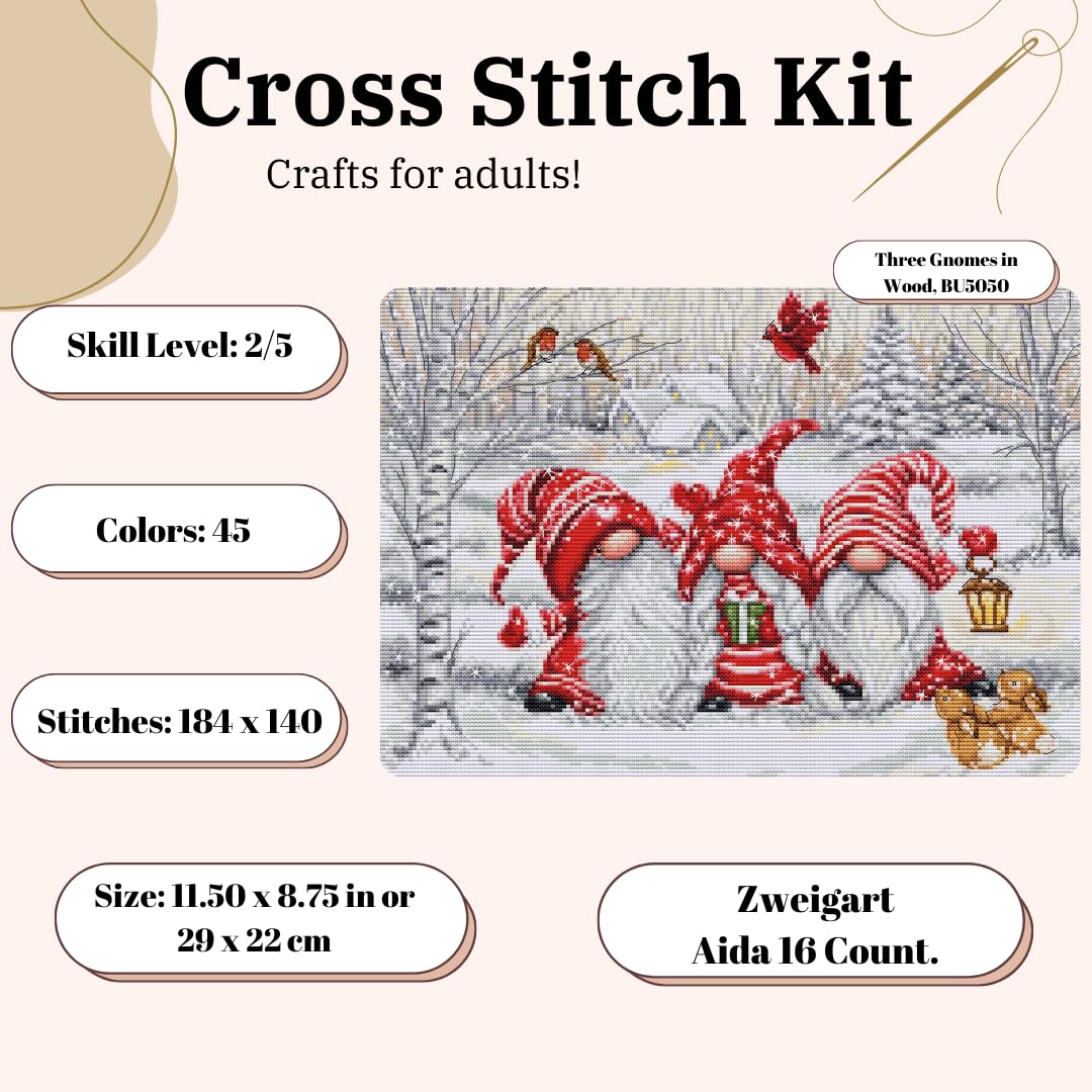 Luca-S Cross Stitch Kit Three Gnomes in Wood, BU5050, Counted Cross Stitch Kit for Adults Needlecraft and Embroidery Kit - Image 2