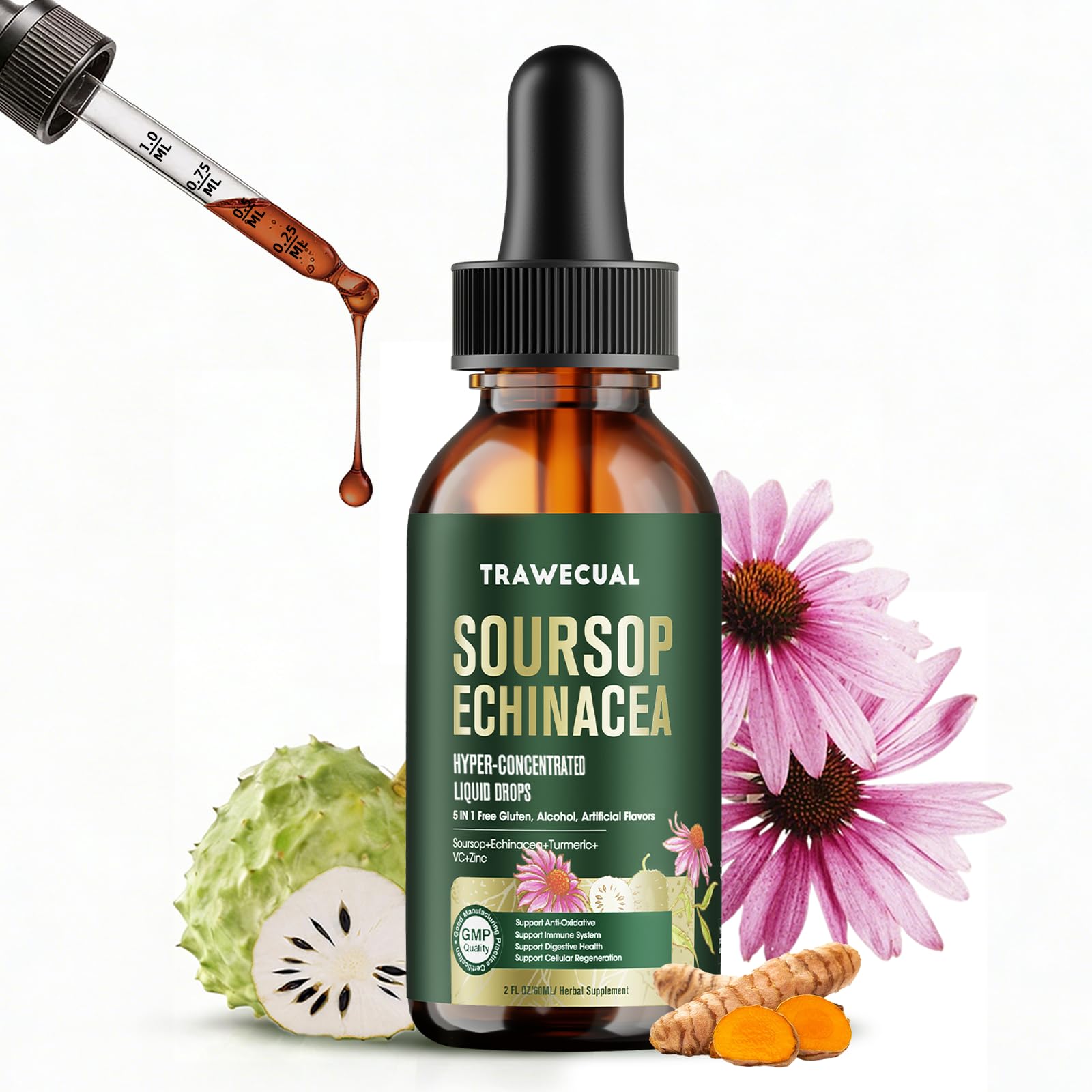 5-in-1 Soursop Graviola Liquid Drops 1000mg with Echinacea 300mg, 2 FL OZ 2 Fl Oz (Pack of 1)