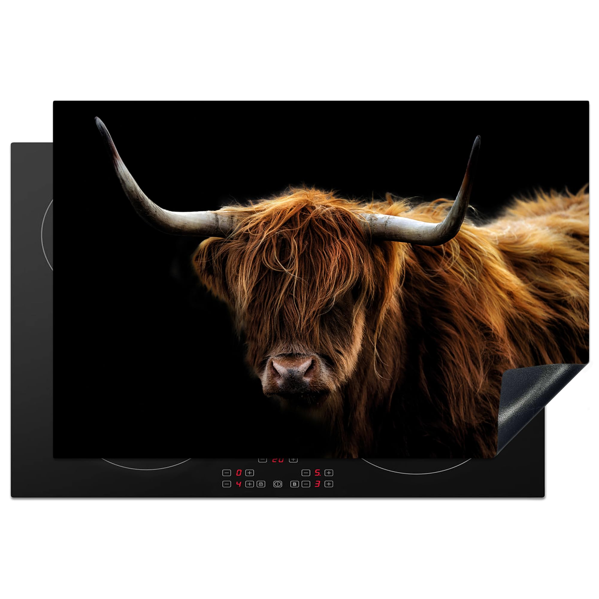 KitchenYeah© Induction Hob Protector Mat 20.3"x29.9" / 76x51.5 cm Cooker Top Protectors Cover Ceramic Covers Electric Hobs Vinyl Scottish Highlander - Horns - Black - Animals - Nature