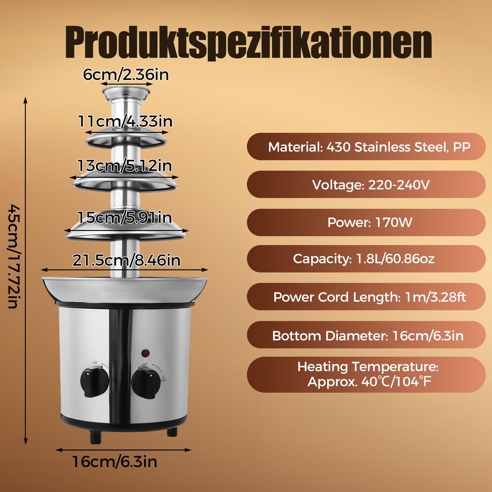 4-Etagen Schokobrunnen mit Schmelzfunktion, 170W Elektrisch Schokoladenbrunnen Schokoladenfondue Maschine, 1.8L/60.86oz Kapazität Edelstahl Schokoladen Brunnen für Familie Party Geburtstag Hochzeitd