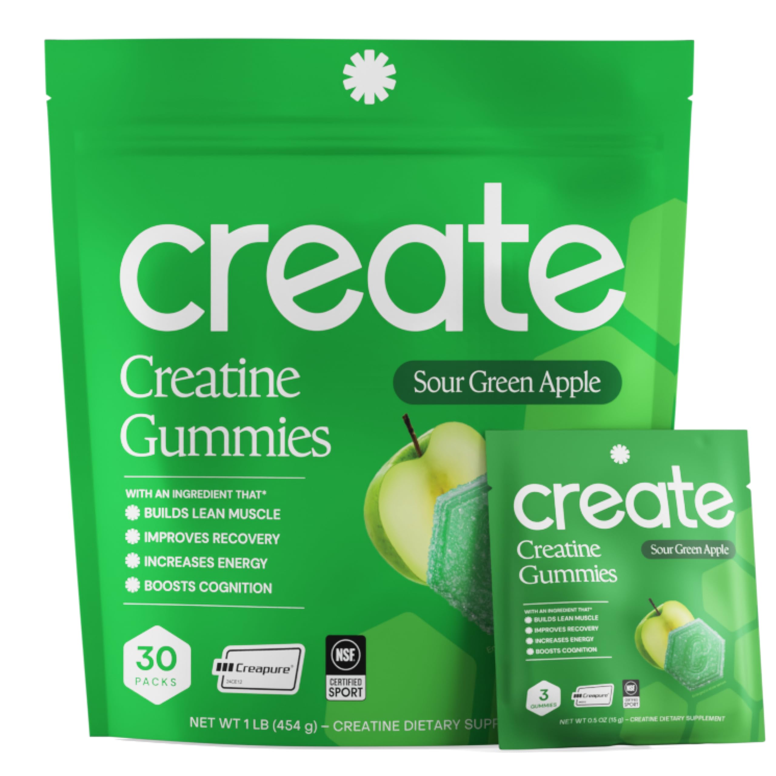 Create Creatine Monohydrate Gummies, 30 Single-Serve Packs, Sour Apple Green Apple