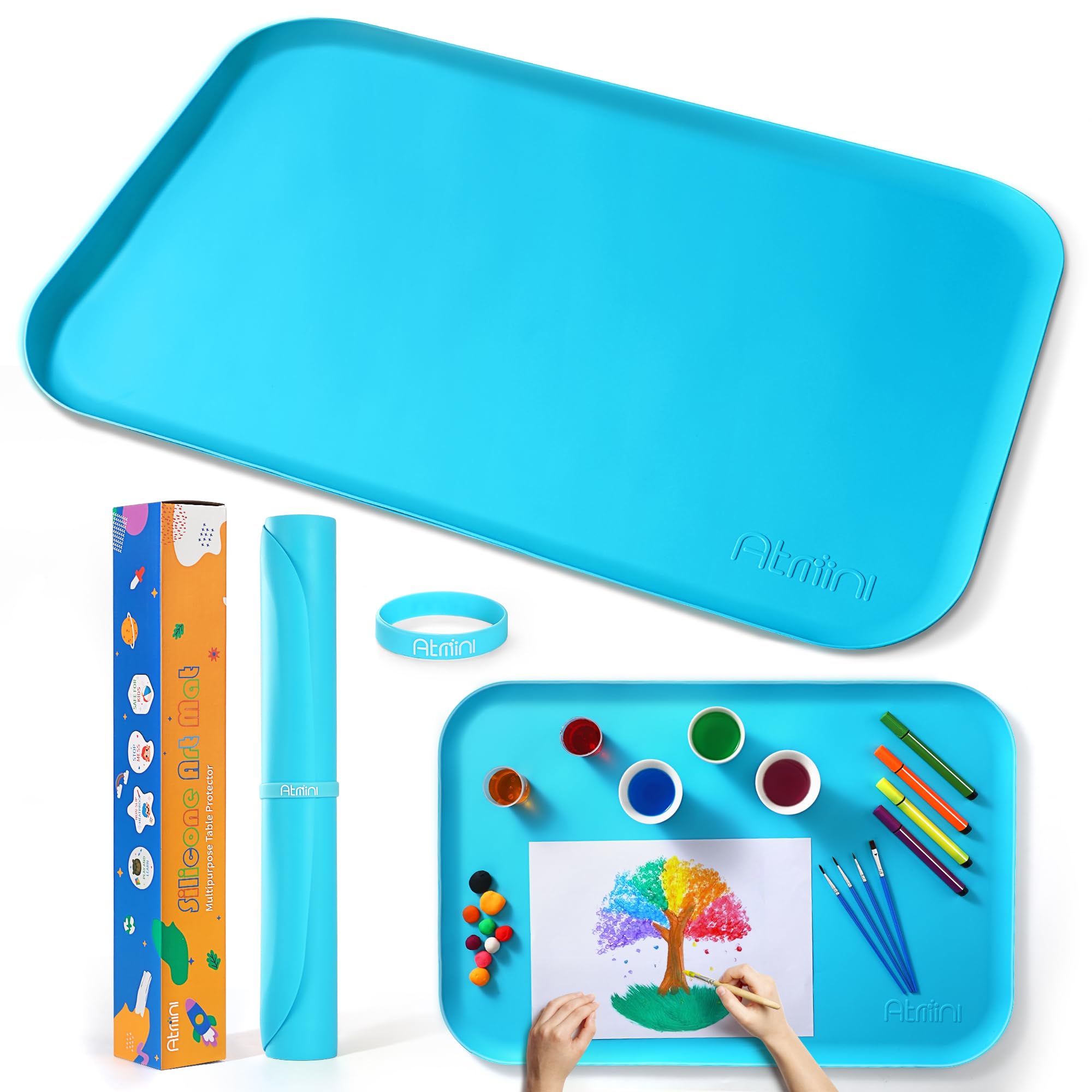 AtMini Tappetino in silicone grande 60x40 cm per artigianato, sabbia, pittura, resina, gioielli fatti a mano, disegno, multiuso con bordi rialzati (blu)