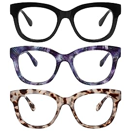 KSSESSE Reading Glasses for Women Men Square Oval Readers with Spring Hinge Thick Frame Style (Black/Demi White/Demi Blue-Clear Lens, 0.75, x)