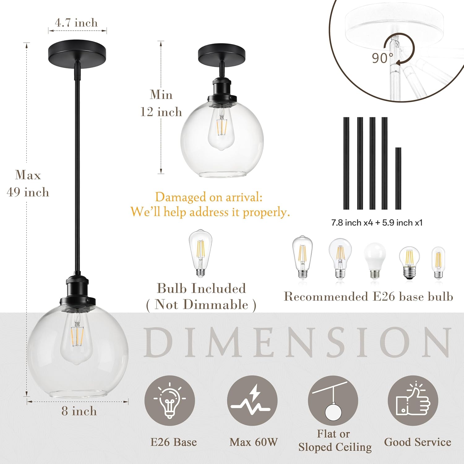8 Inch Black Hanging Pendants Light Contemporary Globe Pendant Kitchen Island Modern Pendant Lights with Clear Glass Adjustable Hanging Light Fixture for Dining Room Bedroom (Bulb Incl.)