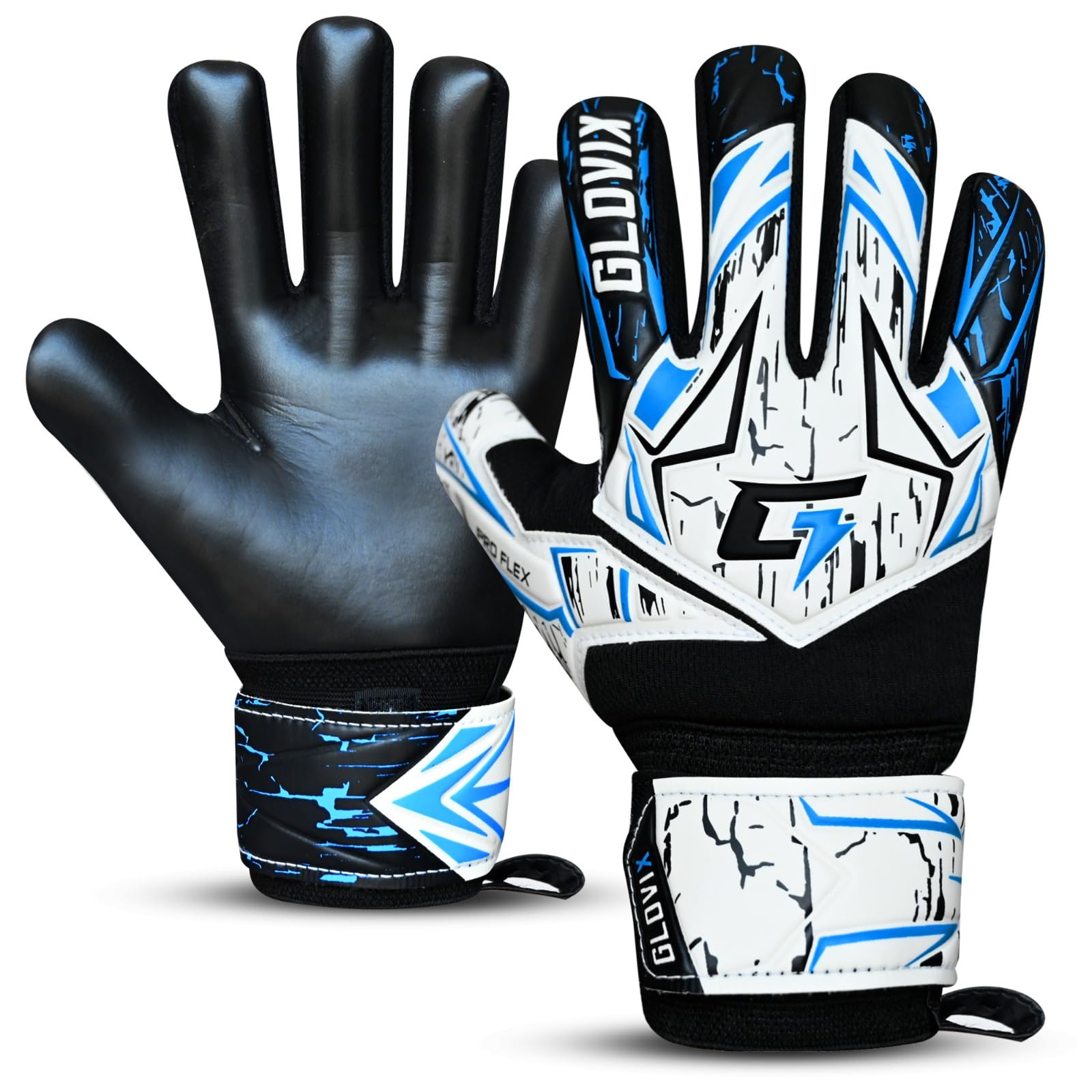 GLOVIX Professional Goalkeeper Gloves for Kids,Youth,Adults & Men–Soccer Goalie Gloves with Finger Protection,Strong Grip Dumbo Latex Palm 4+3mm,Wrist Support (BLACK/CYAN, 8)