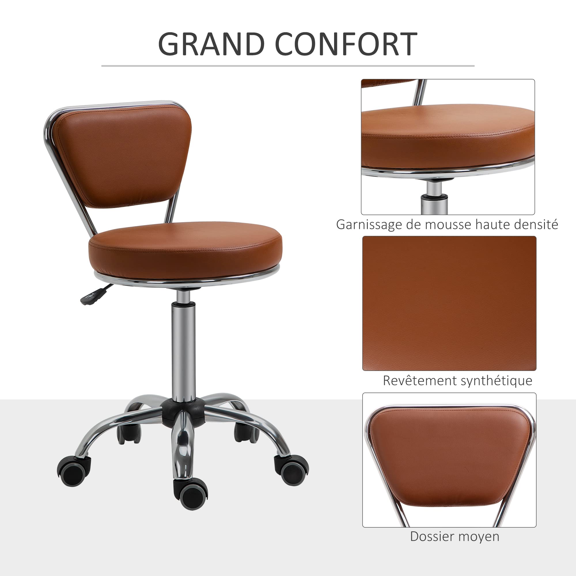 HOMCOM Tabouret de Massage Vintage - Tabouret de Travail pivotant 360° - Hauteur Assise réglable 49-64 cm - revêtement synthétique Marron métal chromé