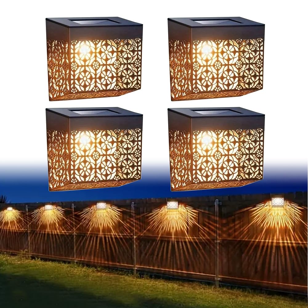 Wrqioo Warm Light 4Pack Solar Moroccan Wall Lights, Garden Fence Lights Solar Powered, Waterproof Decorative So-Lar Fence Lig-Hts Outdoor Garden For Gar-Den Post, Deck Step, Patio, Backyard, Yard