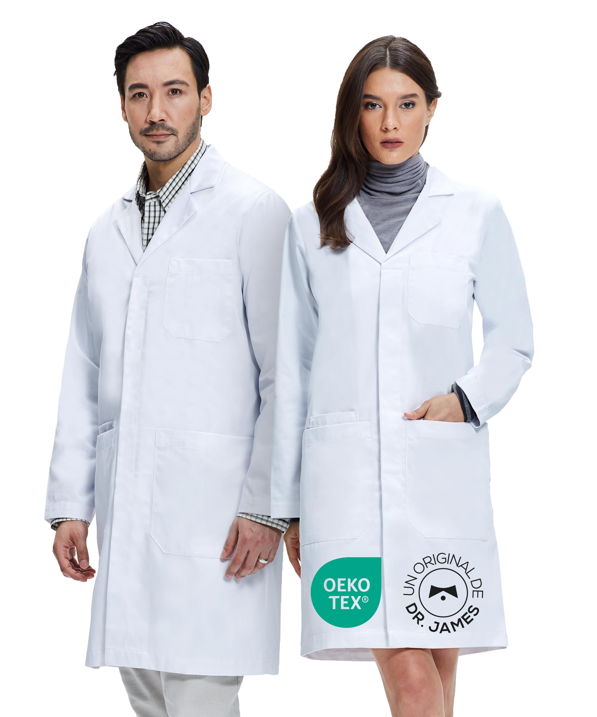 Dr. James Bata de laboratorio Premium 100% Algodón Unisex para Hombres y Mujeres, con bolsillos para teléfono y tableta, ajuste clásico, cierre a presión