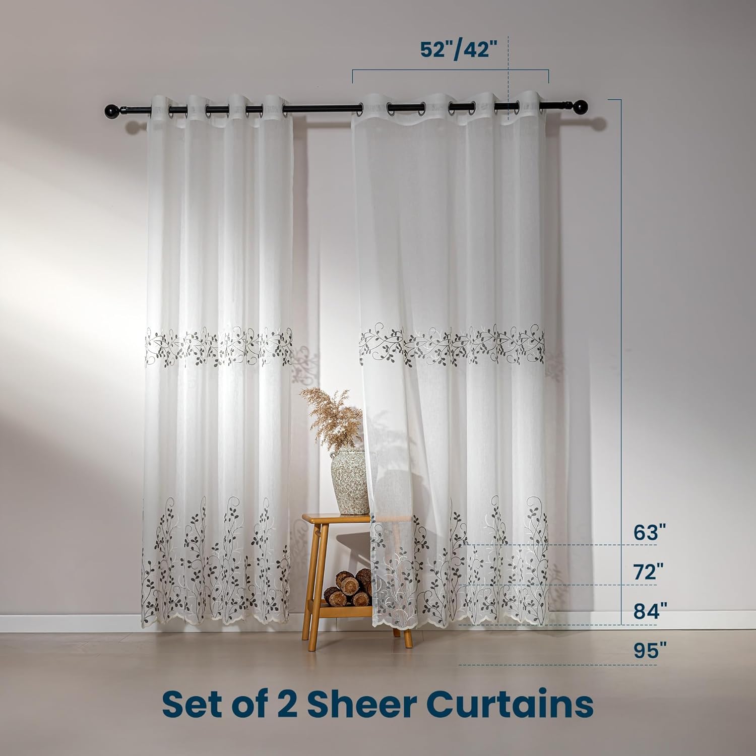 SLEEP ZONE Sheer Curtains for Living Room and Bedroom, Embroidered Sheer Curtains White Sheer Curtain 52 × 95 inches Long of 2 Panels, White Twig