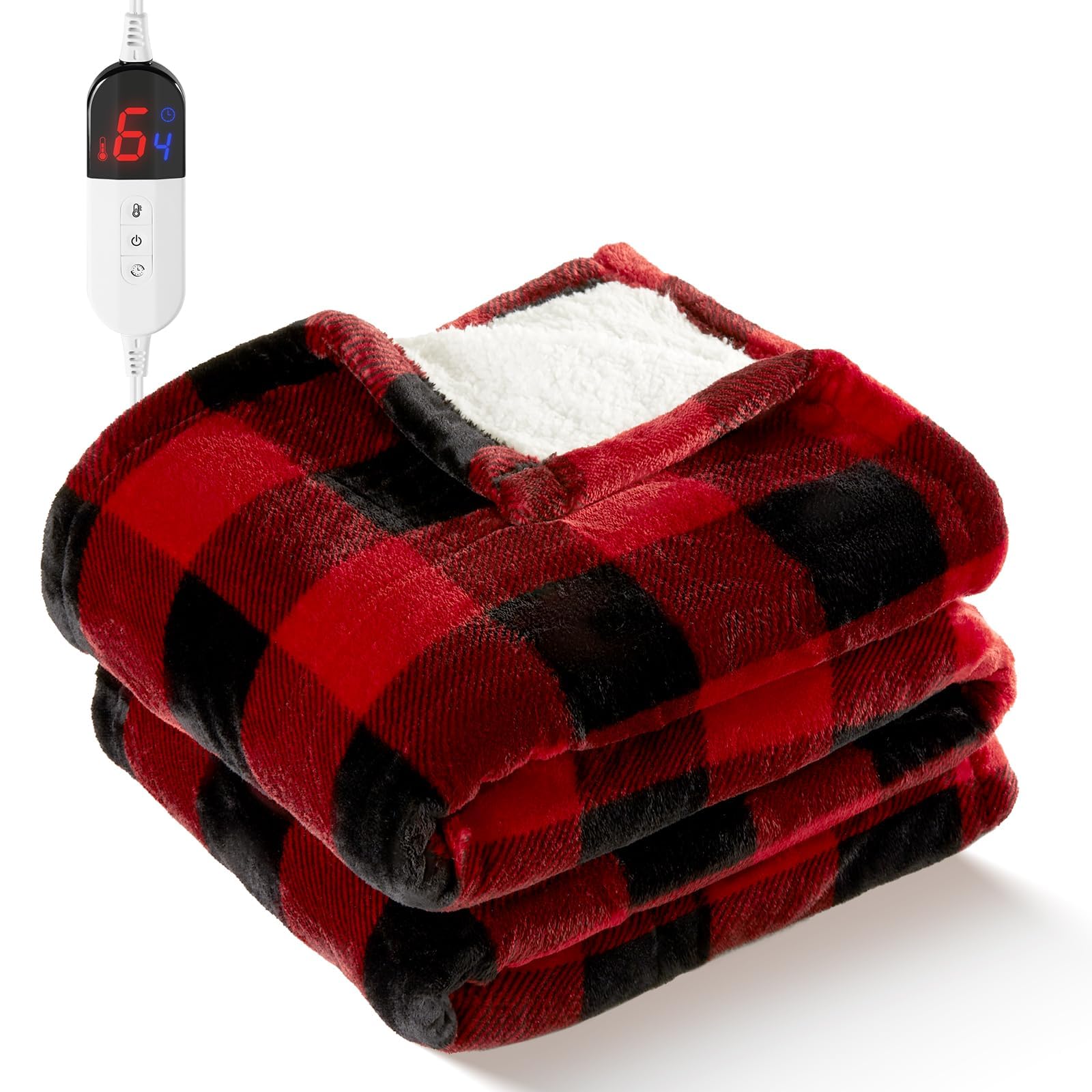 Electric Heated Sherpa Buffalo Plaid Christmas Throw Blanket with 6 Heating Levels & 4 Hours Auto Off, Fast Heating Warm Plush Washable Blanket with Over-Heat Protection, ETL Certification, Red
