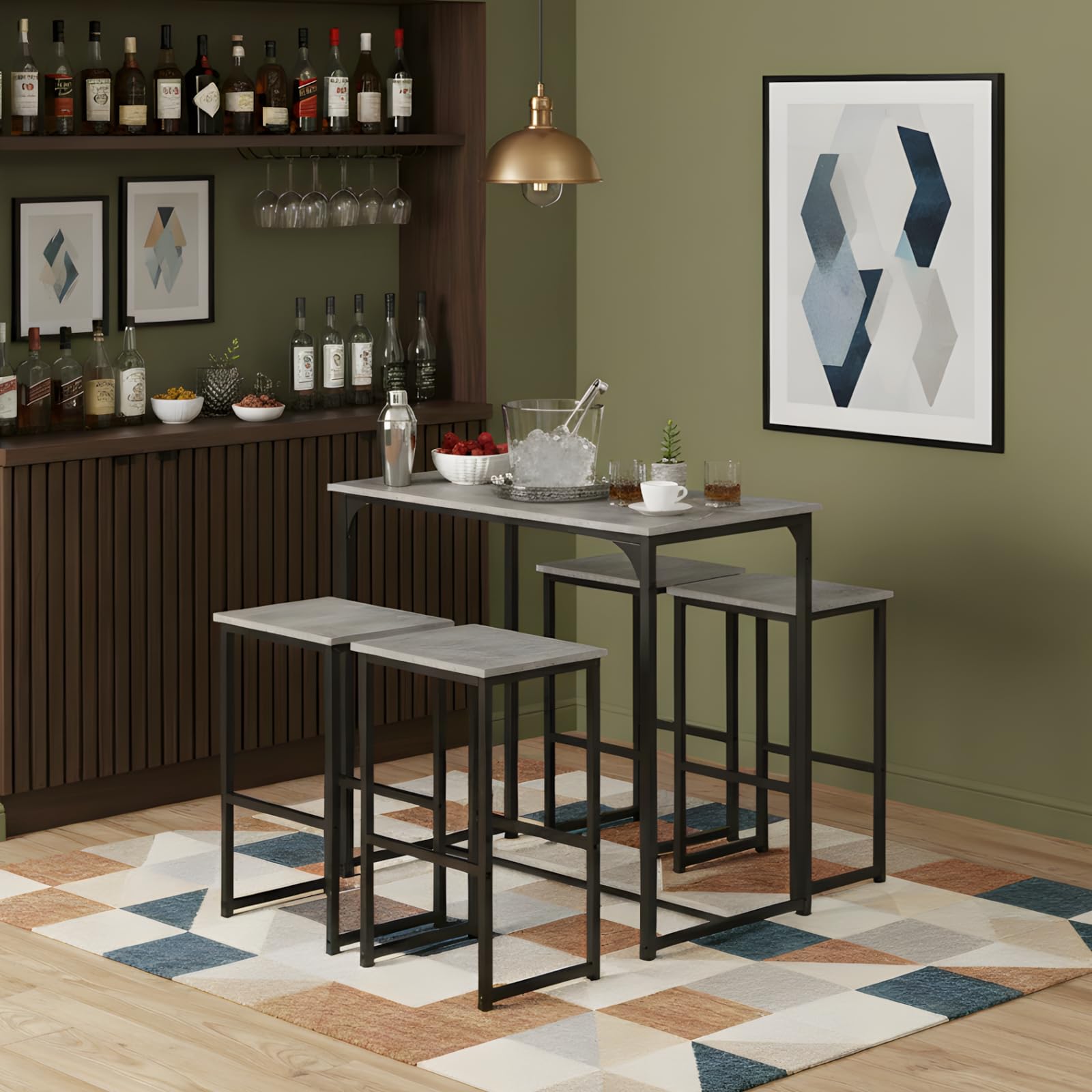 Ensemble Table a Manger avec 4 Chaises, Table Haute Cuisine Mange-Debout avec 4 Tabourets, pour Petit Espace Cuisine Salle à Manger Salon Bar ou Balcon (Gris Vieilli et Noir)