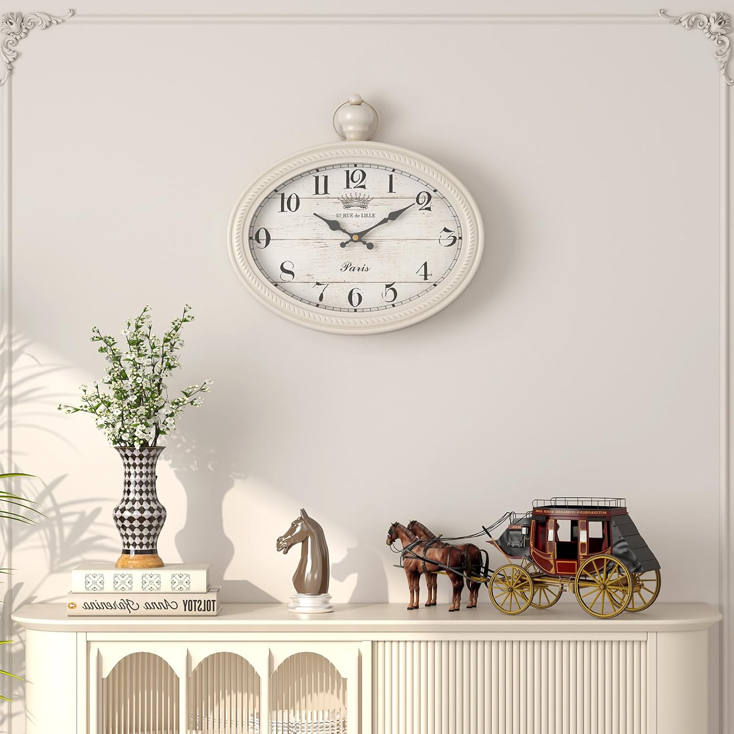 Retro Oval Wall Clock. White Vintage Antique Style. Battery Operated Decor Wall Clocks for Farmhouse, Living Room,Kitchen,Bedroom,Bathroom (10.5" H x 11.3" W)