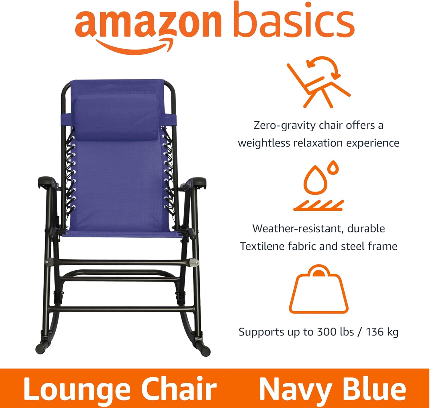 Amazon Basics Outdoor Patio Zero Gravity Folding Reclining Lounge Rocking Chair with Pillow, Afforable Folding Chairs for Outside, Navy