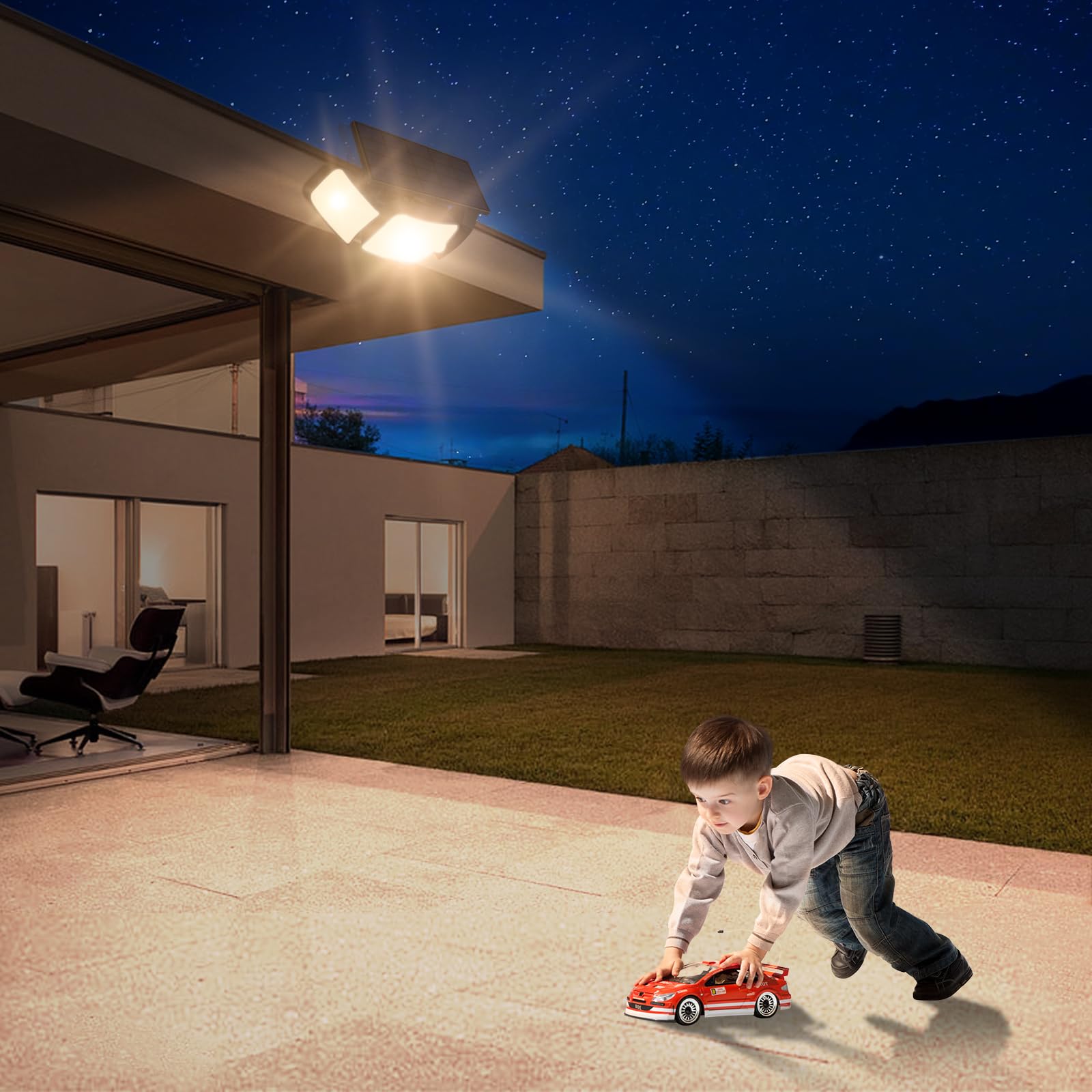 intelamp Solar Warmlicht Outdoor 6000mAh Batterie Solar Sicherheit Bewegungsmelder Licht mit Fernbedienung Hohe Helligkeit IP65 Wasserdicht LED Flutlichter Gartenleuchten