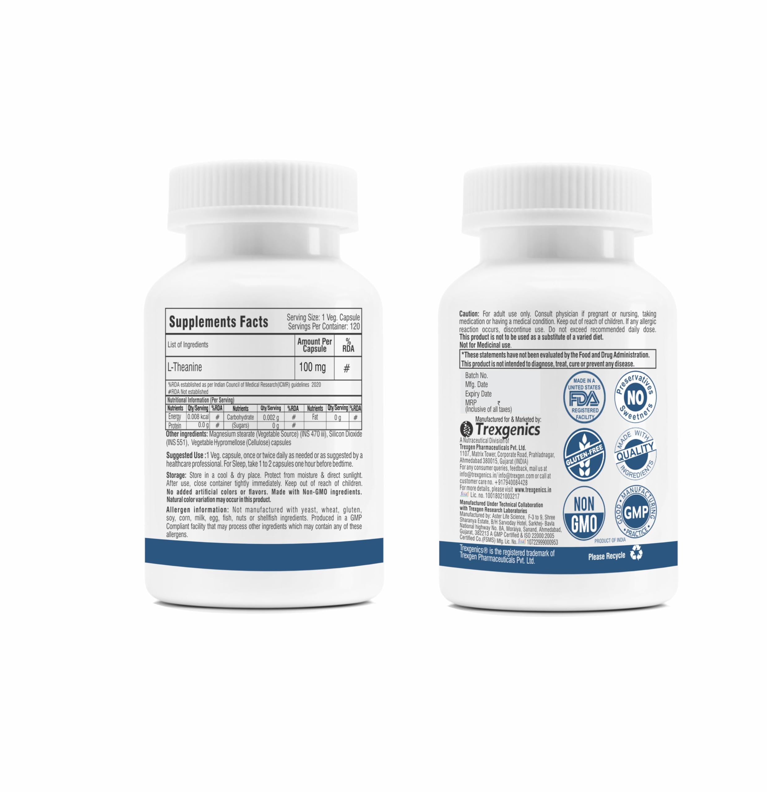 Trexgenics L-THEANINE 100 mg Stress, Focus, Mood, Relaxation Support (120 Veg Capsules) — Amazon image 2