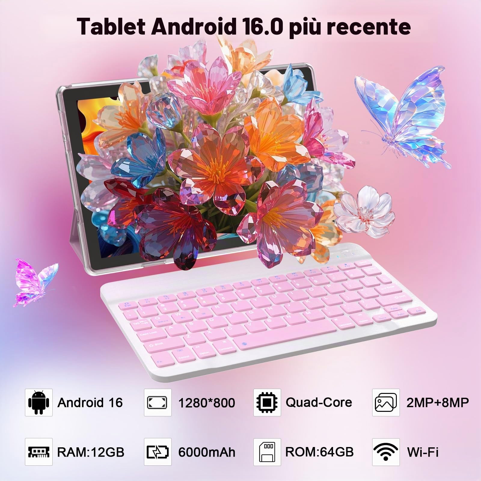 Tablet Android 15, 10 pollici 12 GB RAM+64 GB ROM/2 TB tablet espandibile, 1280 * 800 HD touch screen, 5G WiFi6 BT 5.0, tablet 2 in 1 con custodia per tastiera mouse stilo rosa