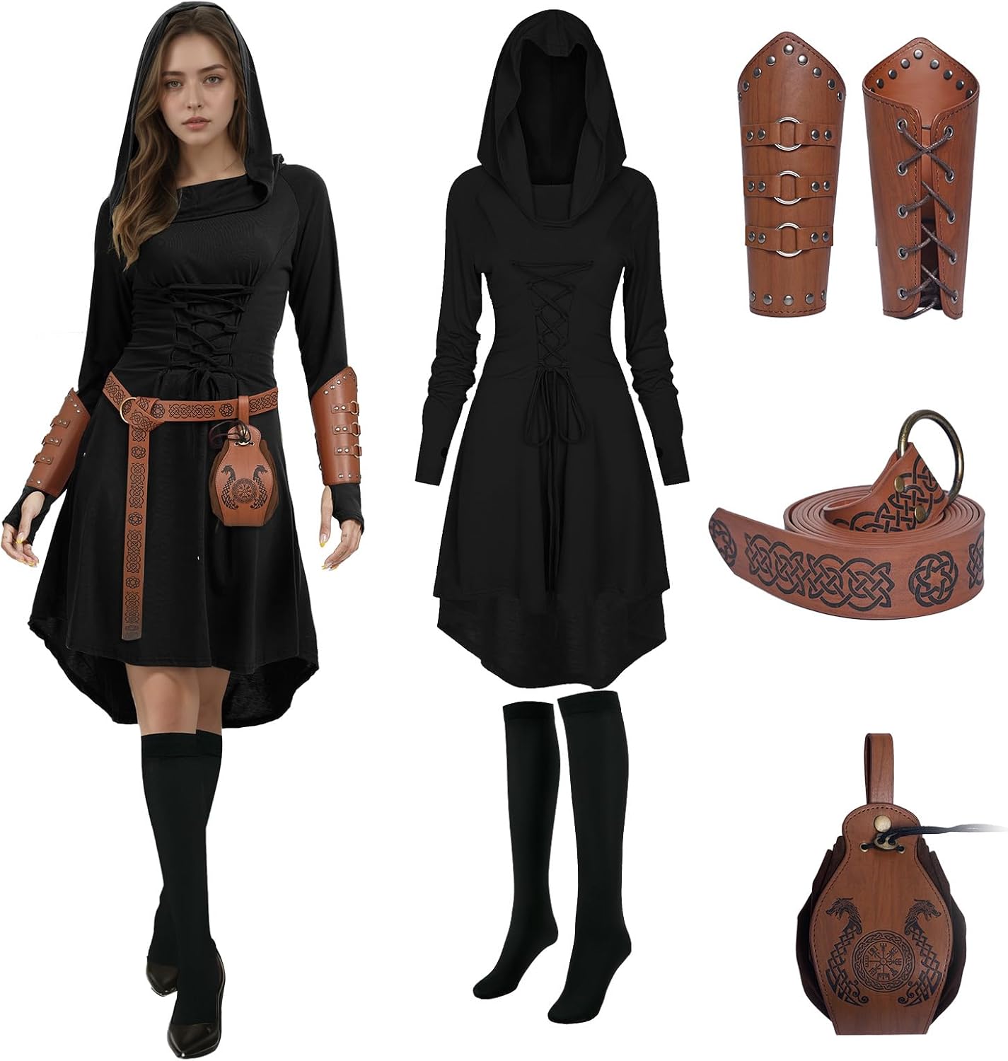 5 Pcs Renaissance Women Costume Medieval Hooded skirt Vintage Arm Guard Printed Belt and Waist bag