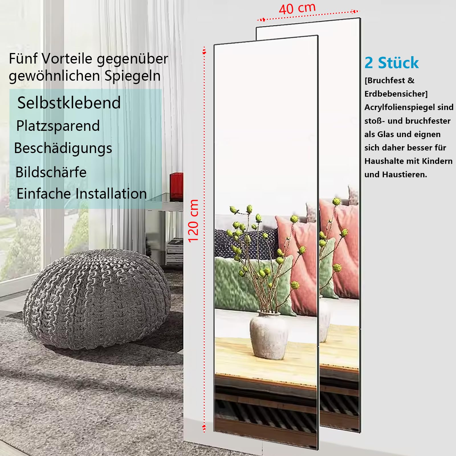 Selbstklebender Wandspiegel(40x120cm 2 Stück) Acryl Klebespiegel Ganzkörperspiegel 2mm Dicke,Spiegel zum Kleben für Tür,Schlafzimmer,Wohnzimmer&Kinderzimmer,DIY Spiegelfliesen selbstklebend