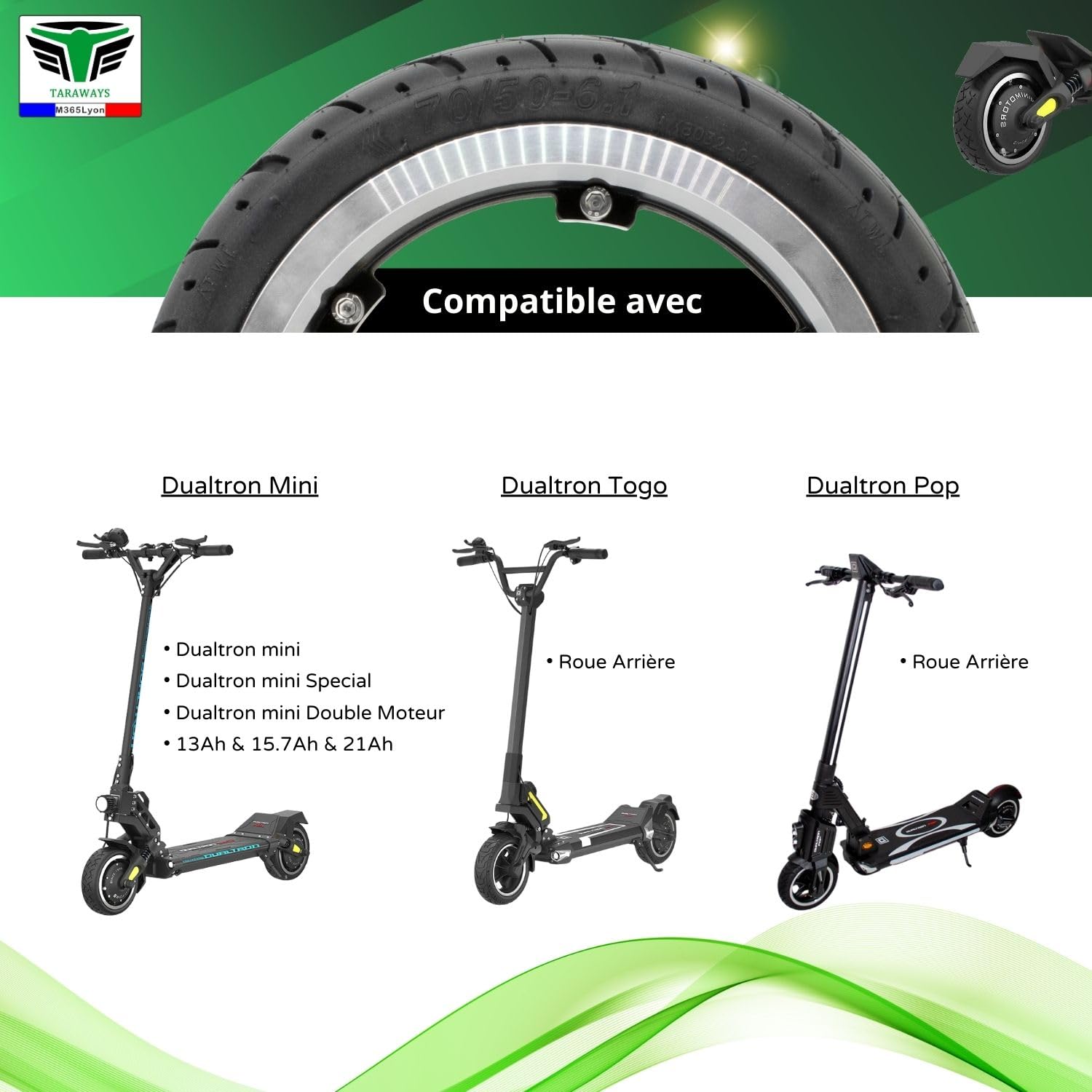 Jante Arrière Compatible avec Trottinette électrique Dualtron mini et Dualtron Togo, pop, Jante et Pneu 70/50-6.1 (Rim+pneu 8.5x3)