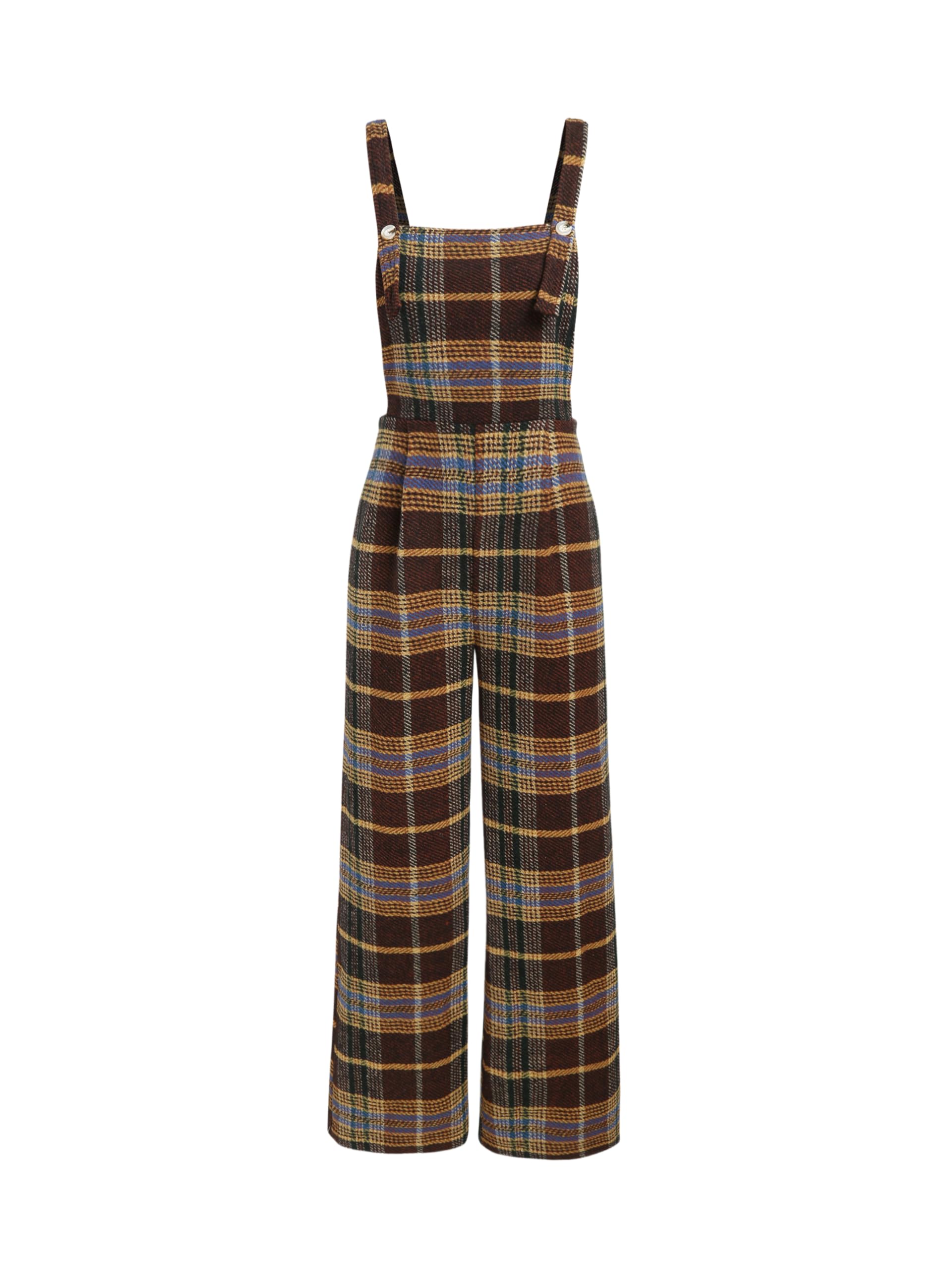 cider Plaid Overalls for Women Wide Leg - Square Neck Sleeveless Jumpsuit Button Up-picture-16