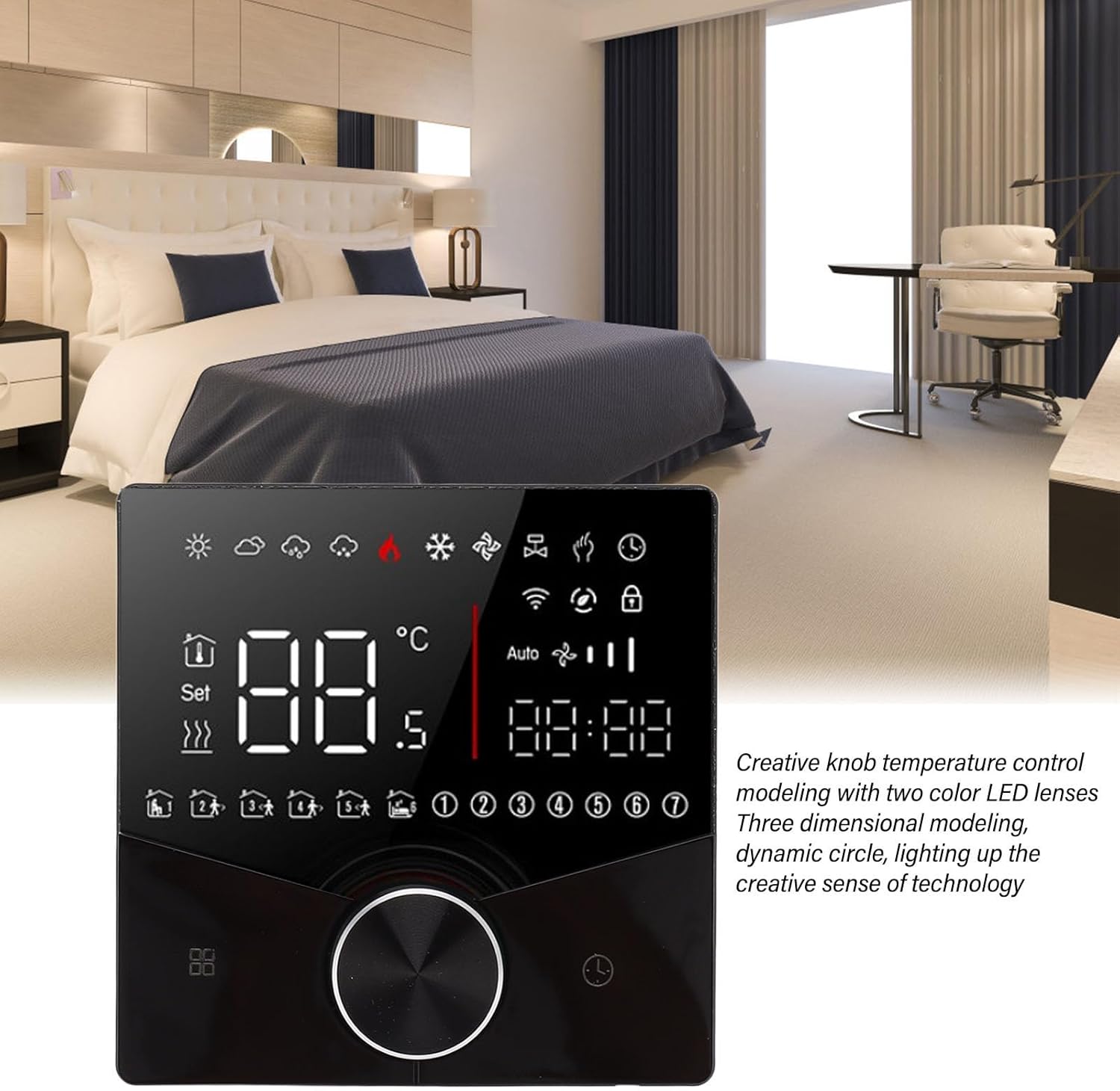 Smart Thermostat, Knob Design LCD Color Display Panel Digital Thermostat, Versatile House Thermostat for Home Sauna Room Underfloor Heating System(black)