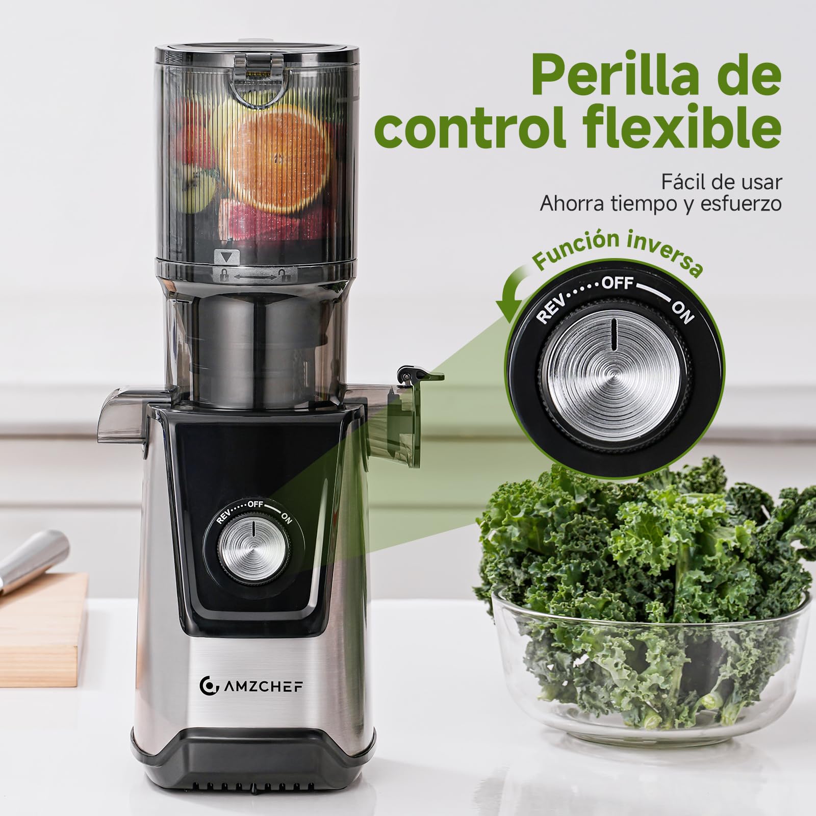 AMZCHEF Extractor de Zumos Lento – Abertura Ancha de 118MM para Frutas y Verduras Enteras – Motor Silencioso de 180W – Alto Rendimiento de Zumo, Fácil de Limpiar