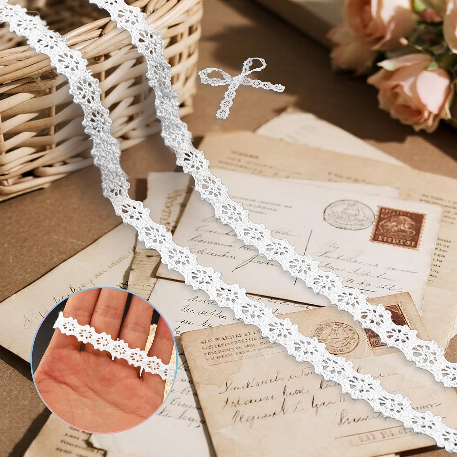 10 Yards Vintage Lace Ribbon, 0.39“ White Crochet Lace Trim for Sewing, Cotton Ribbon Lace for Crafts, Gift Package Wrapping, Bridal Wedding Decoration, Scrapbooking Supplies