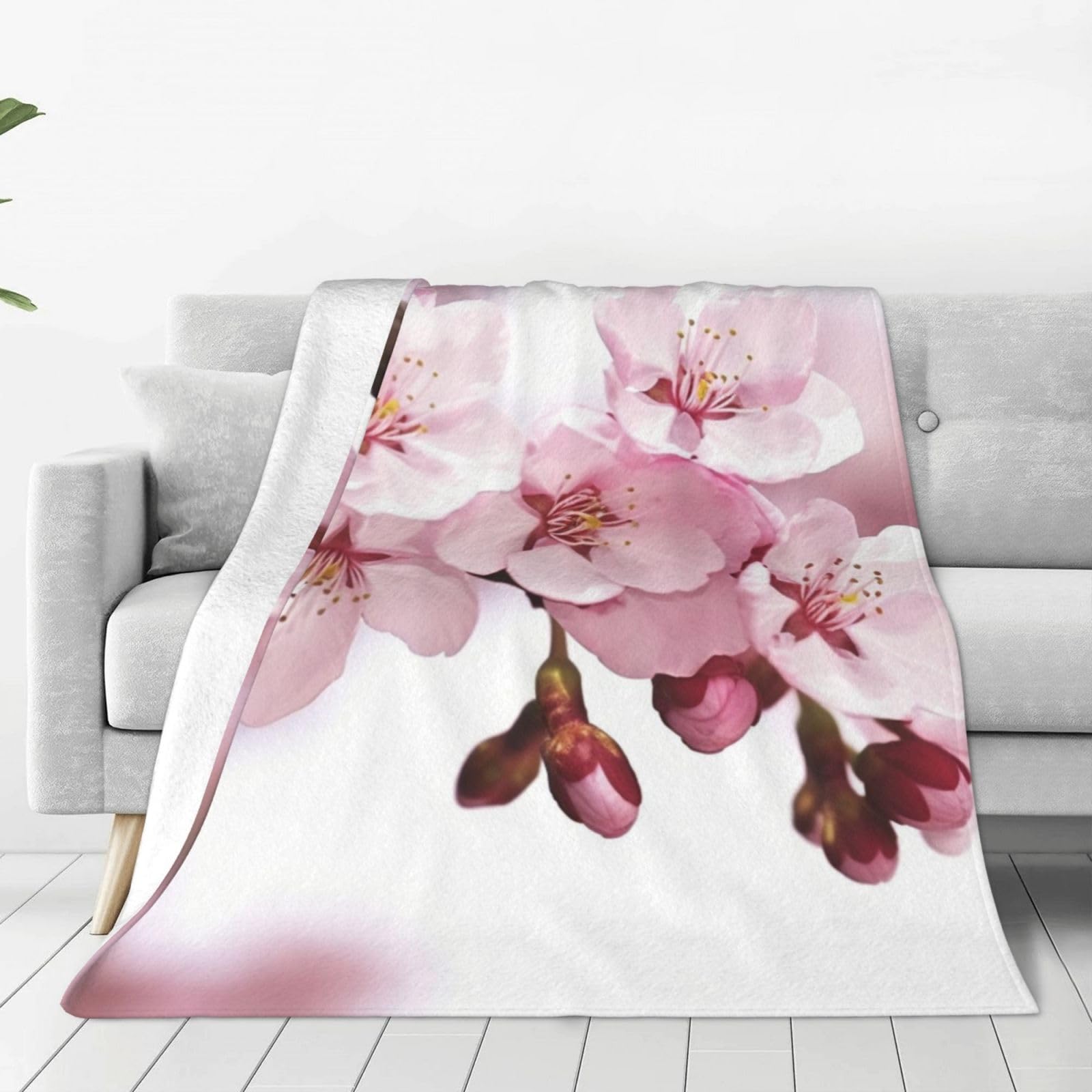 Cherry Blossom Throw Blanket 50"x40" Flannel Fluffy Warm Blanket for Couch, Reversible Plush Blankets for Bed, Comfy Fuzzy Blanket for Sofa, Plush Lightweight-Blankets for All Season