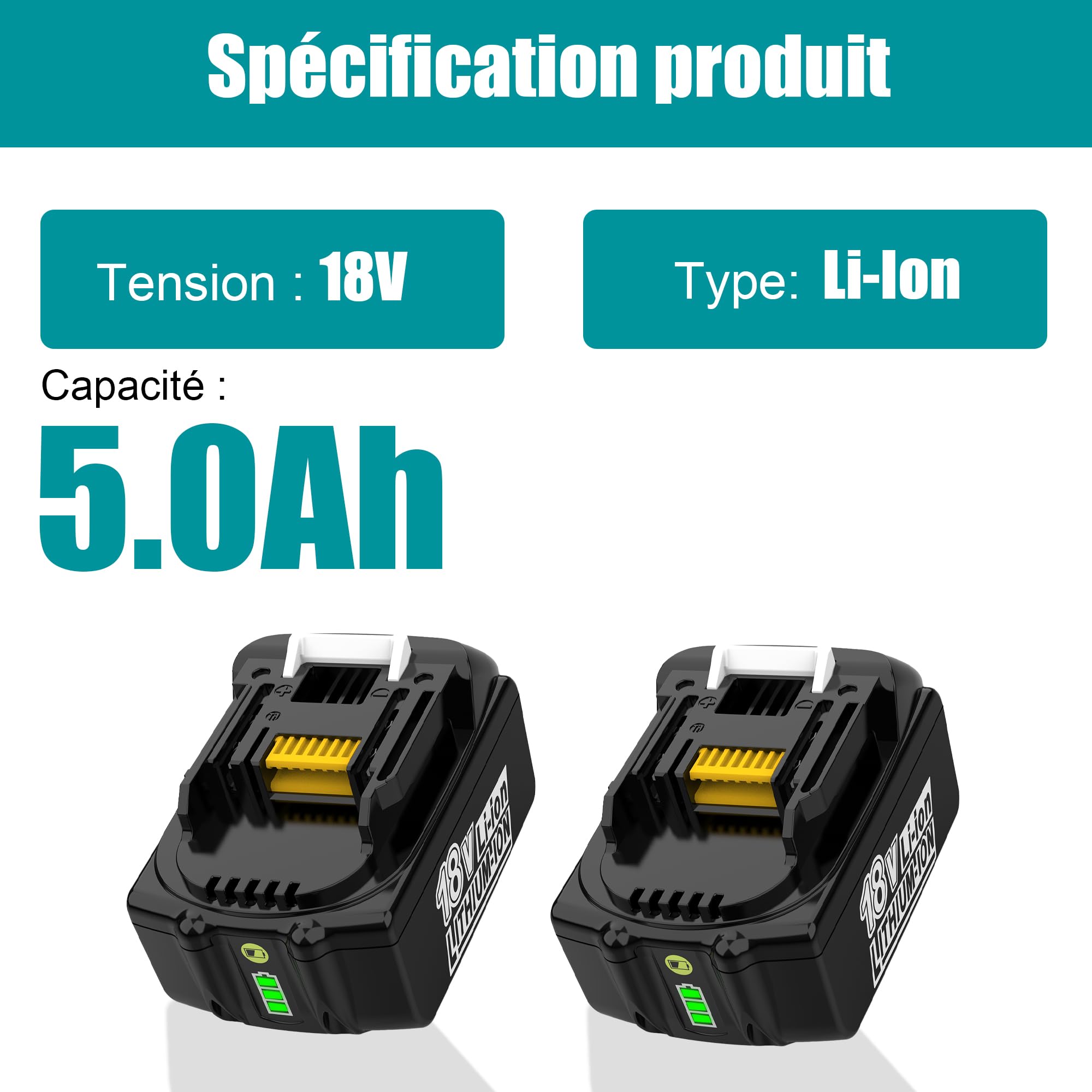 Energup 2Pcs 18V 5000mAh BL1850B Batterie pour Makita Batterie 18V BL1850 BL1850B BL1860 BL1840 BL1830 BL1820 BL1815 LXT400 avec Indicateur LED
